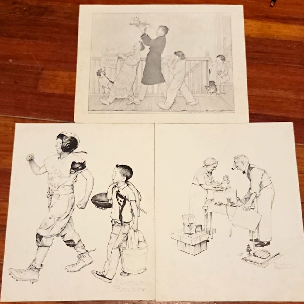 Norman Rockwell Signed Vintage Illustr. Litho Print on Paper, Unframed Lot of 3